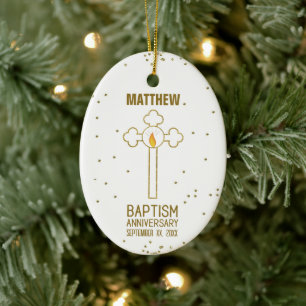 Anniversary of Baptism Gold Cross Personalised Ceramic Tree Decoration