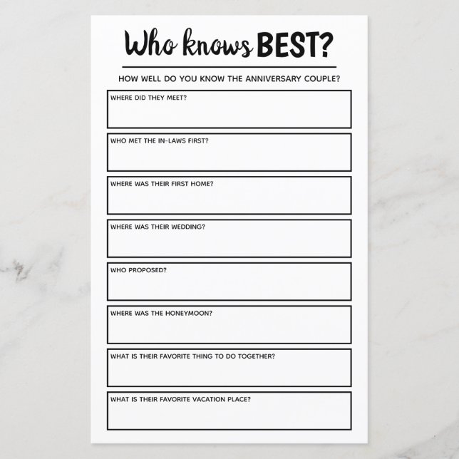 Anniversary Party Game Who Knows Best & Him or Her (Front)