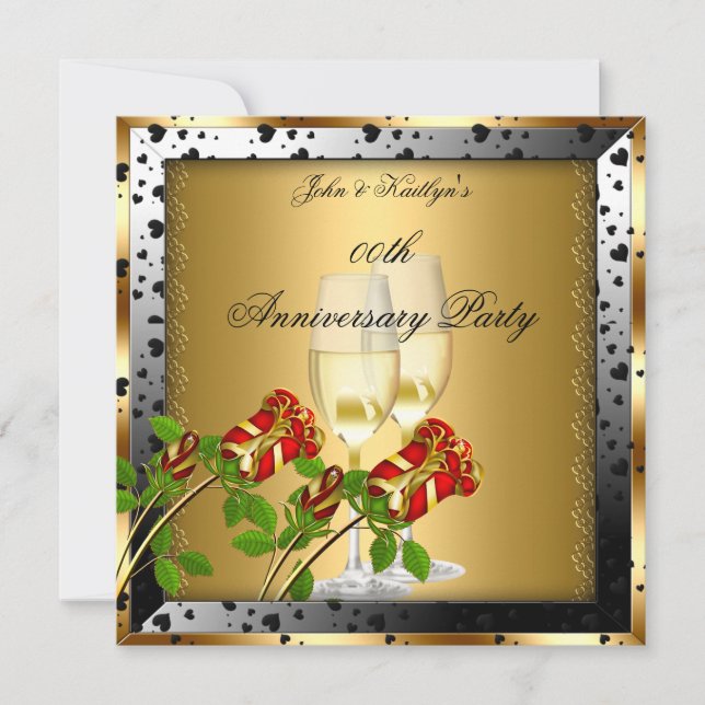 Anniversary Party Gold Red Rose Floral Invitation (Front)