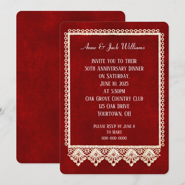 anniversary party lace frame on red invitation (Front/Back)