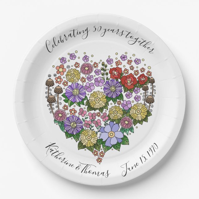 Anniversary Partyware, Floral Heart, Customised Paper Plate (Front)