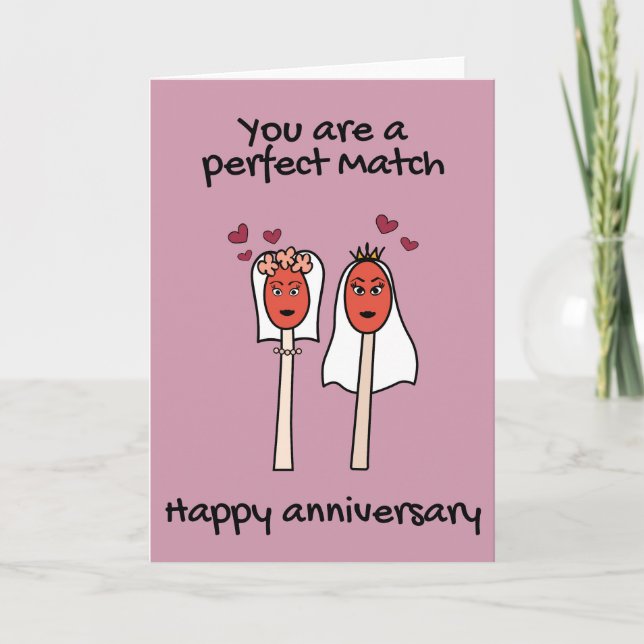 Anniversary Perfect Match Mrs & Mrs LGBTQ Pun Card (Front)