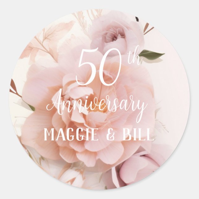 Anniversary pink floral custom script wedding  classic round sticker (Front)