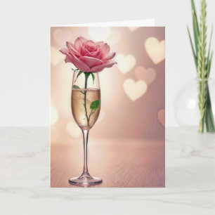 Anniversary Pink Rose In Champagne Card