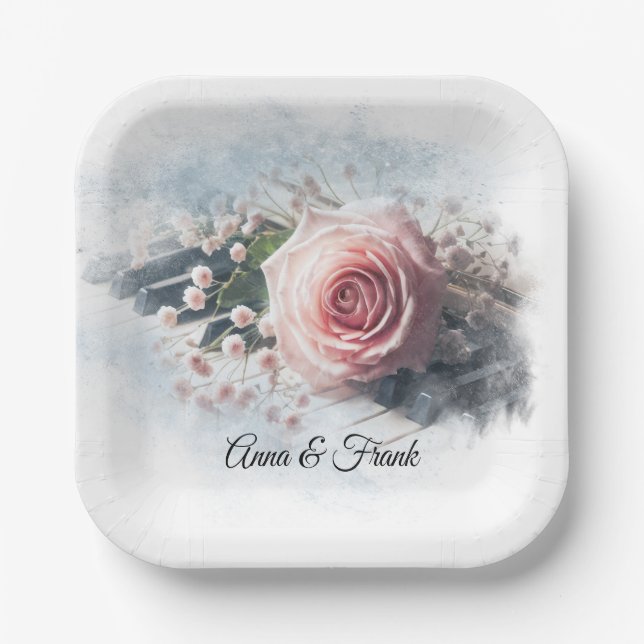 Anniversary Pink Rose On Piano Keys Paper Plate (Front)