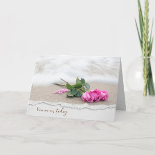 Anniversary Pink Roses On Beach Card