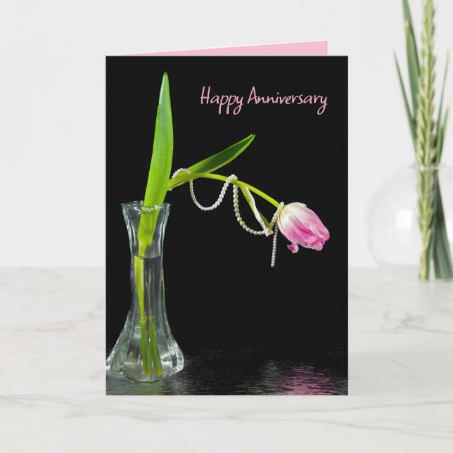 Anniversary Pink Tulips and Pearls Card (Front)