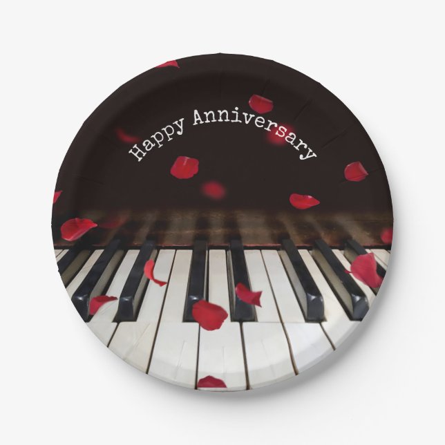 Anniversary Rose Petals on Piano Keys Paper Plate (Front)