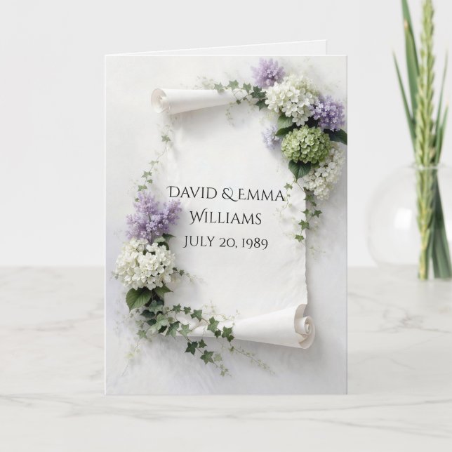 Anniversary Scroll with Lilacs and Hydrangeas  Card (Front)