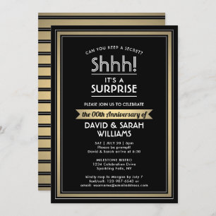 Anniversary Surprise Party Black, White and Gold Invitation