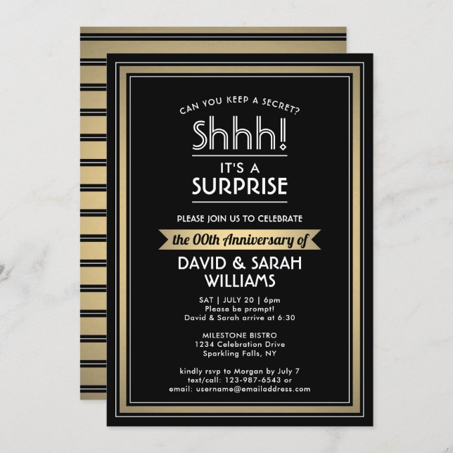 Anniversary Surprise Party Black, White and Gold Invitation (Front/Back)