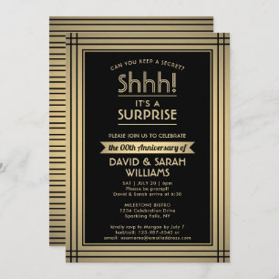 Anniversary Surprise Party Elegant Black and Gold Invitation