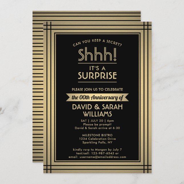 Anniversary Surprise Party Elegant Black and Gold Invitation (Front/Back)