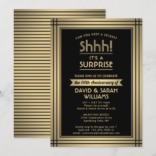 Anniversary Surprise Party Elegant Black and Gold Invitation
