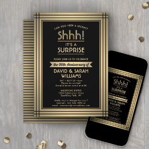 Anniversary Surprise Party Elegant Black and Gold Invitation