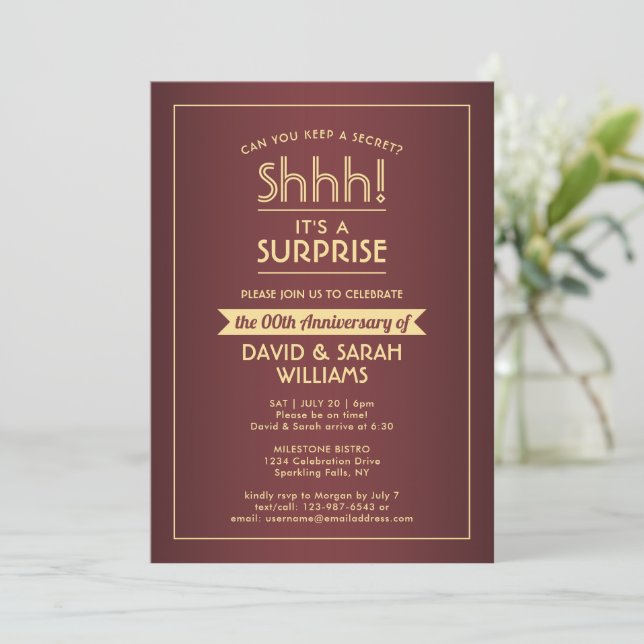 Anniversary Surprise Party Elegant Burgundy & Gold Invitation (Standing Front)