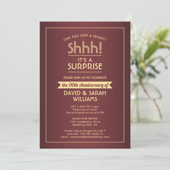Anniversary Surprise Party Elegant Burgundy & Gold Invitation (Standing Front)