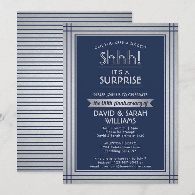 Anniversary Surprise Party Elegant Navy Blue Invitation (Front/Back)