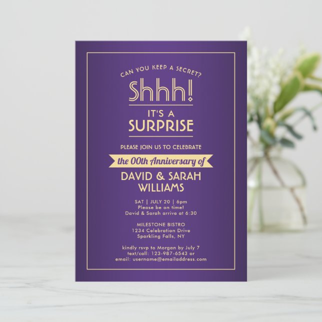 Anniversary Surprise Party Elegant Purple and Gold Invitation (Standing Front)