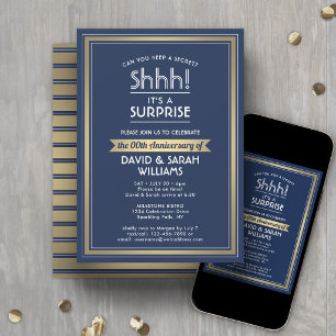 Anniversary Surprise Party Navy Blue, White & Gold Invitation