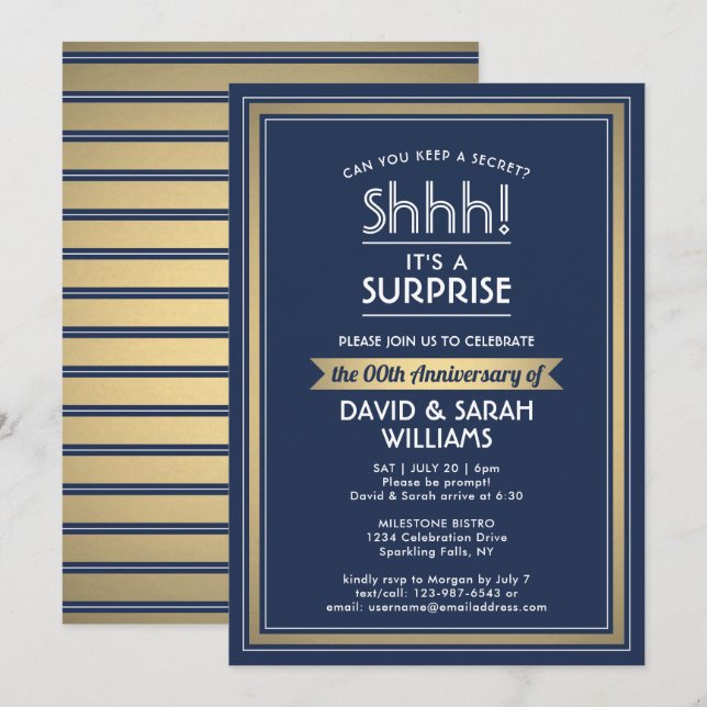 Anniversary Surprise Party Navy Blue, White & Gold Invitation (Front/Back)