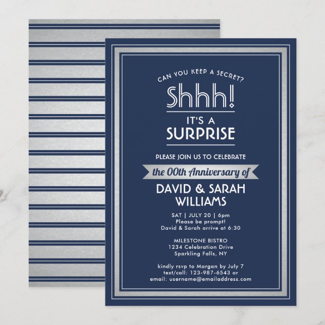 Anniversary Surprise Party Navy Blue White Silver Invitation (Front/Back)