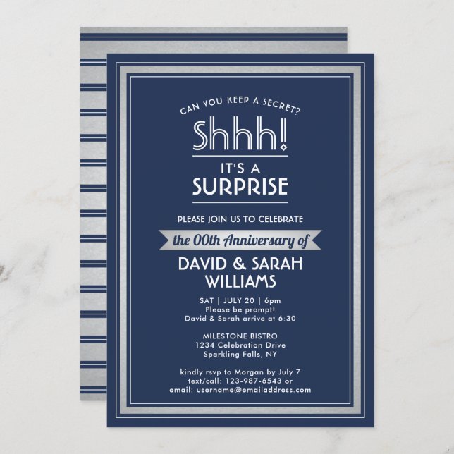 Anniversary Surprise Party Navy Blue White Silver Invitation (Front/Back)