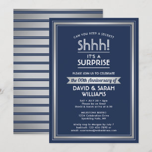 Anniversary Surprise Party Navy Blue White Silver Invitation