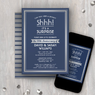 Anniversary Surprise Party Navy Blue White Silver Invitation