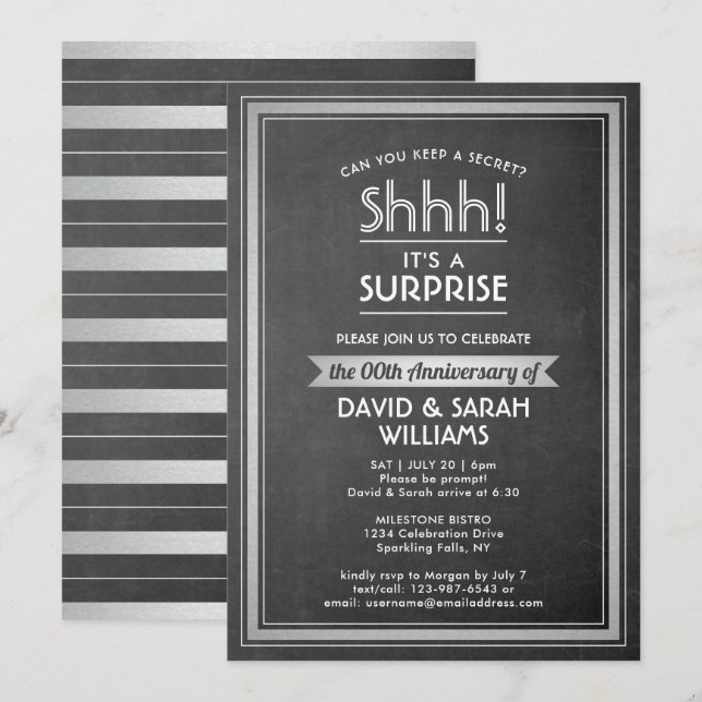 Anniversary Surprise Party Shhh! Black Chalkboard Invitation (Front/Back)