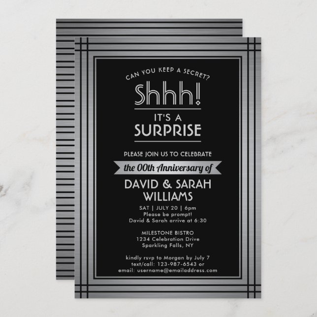 Anniversary Surprise Party Shhh! Elegant Black Invitation (Front/Back)