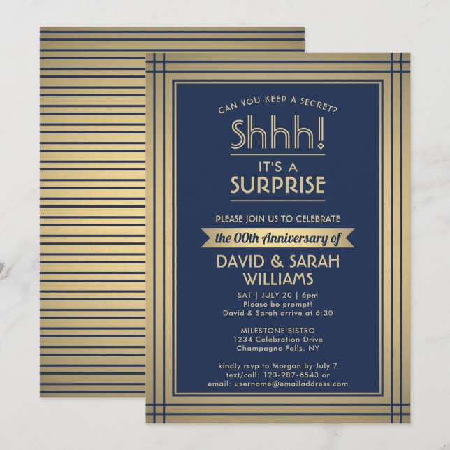 Anniversary Surprise Party Shhh! Navy Blue & Gold Invitation (Front/Back)