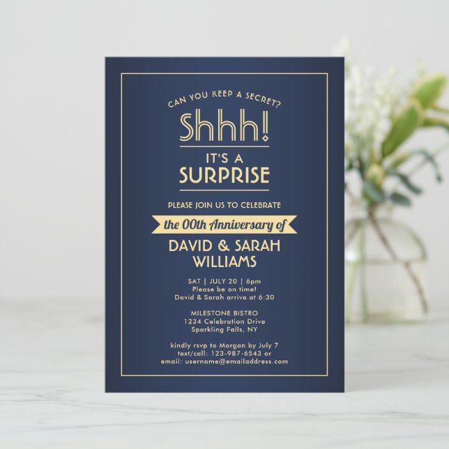 Anniversary Surprise Party Stylish Navy Blue Gold Invitation (Standing Front)