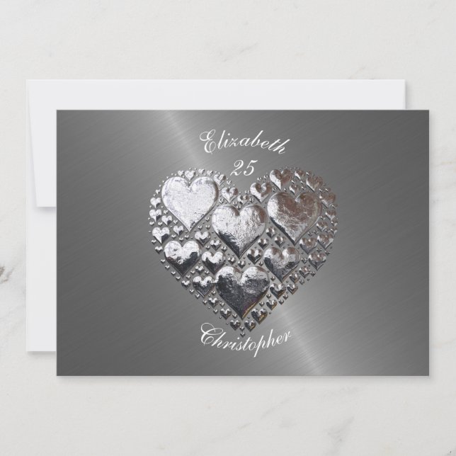 Anniversary Wedding Birthday Silver Hearts Steel Invitation (Front)