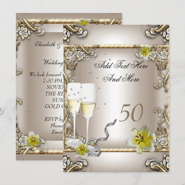 Anniversary Wedding  Cream Gold Lily Silver Invitation (Front/Back)