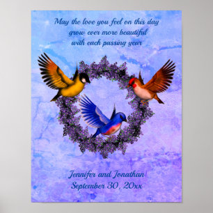 Anniversary Wedding Love Birds Wreath Personalised Poster