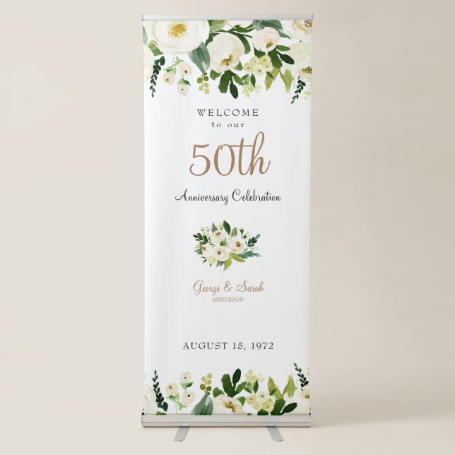 Anniversary White Floral Welcome  Retractable Banner (Front)