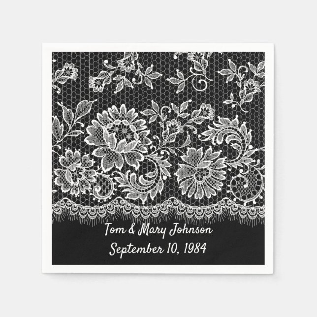 Anniversary White Lace Fringe On Black  Napkins (Front)