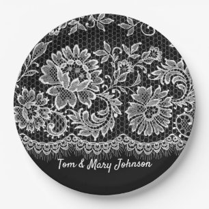 Anniversary White Lace Fringe On Black Paper Plate