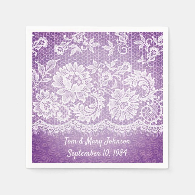 Anniversary White Lace Fringe On Purple Napkin (Front)