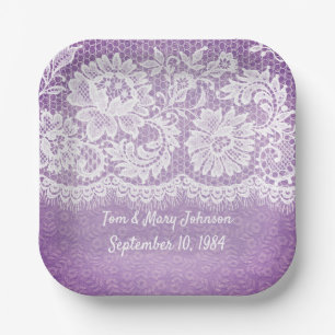Anniversary White Lace Fringe On Purple Paper Plat Paper Plate