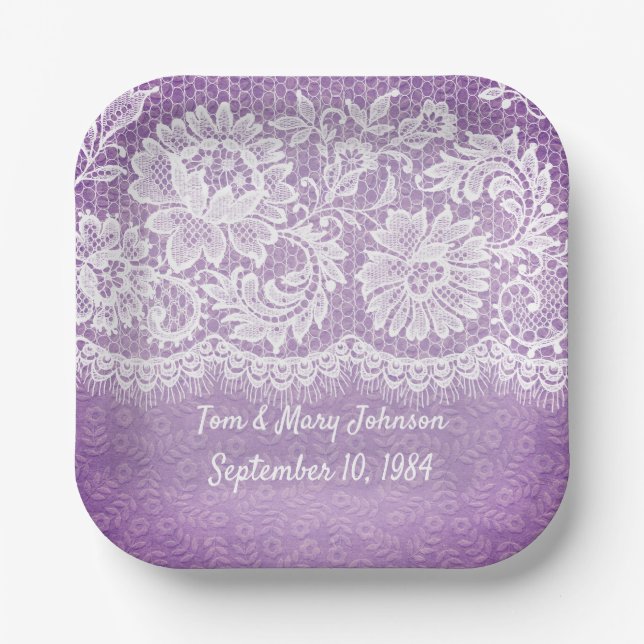 Anniversary White Lace Fringe On Purple Paper Plat Paper Plate (Front)