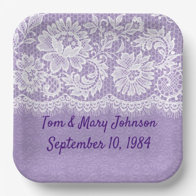 Anniversary White Lace Fringe On Purple  Paper Plate (Front)