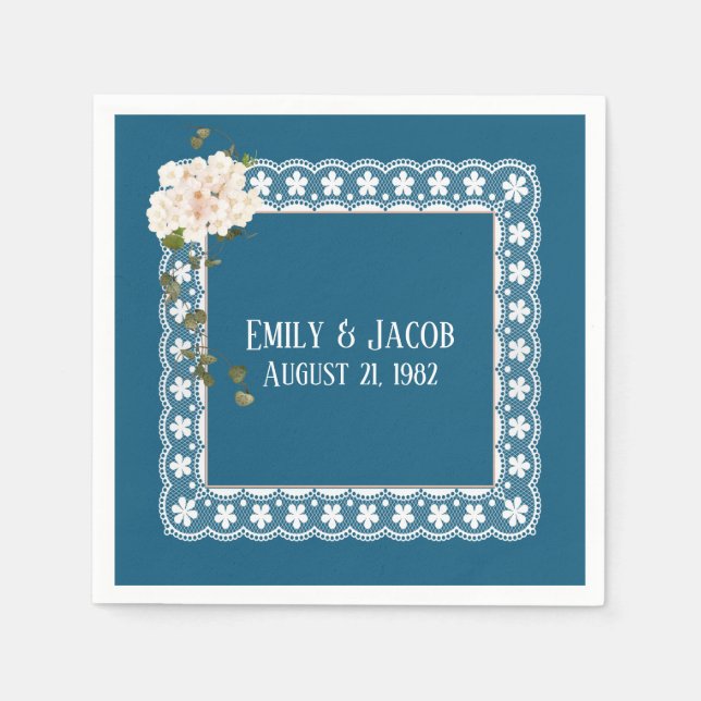 Anniversary White Lace On Blue Napkin (Front)