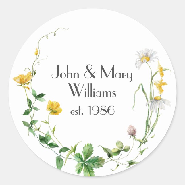 Anniversary Wildflower Wreath On White  Classic Round Sticker (Front)