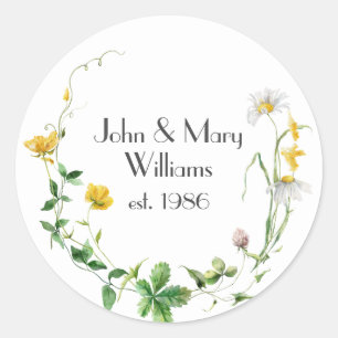 Anniversary Wildflower Wreath On White Classic Round Sticker