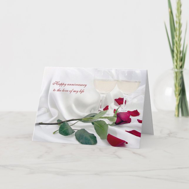 Anniversary wine and rose on satin card (Front)