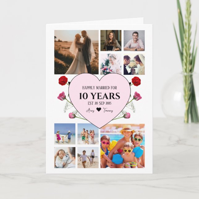Anniversary With Pink Heart and Roses Photo Card (Front)