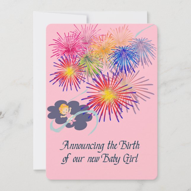 Announcement Birth of New Baby Girl with Fireworks (Front)