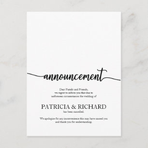 Announcement Cancelled Wedding Elegant Calligraphy Postcard